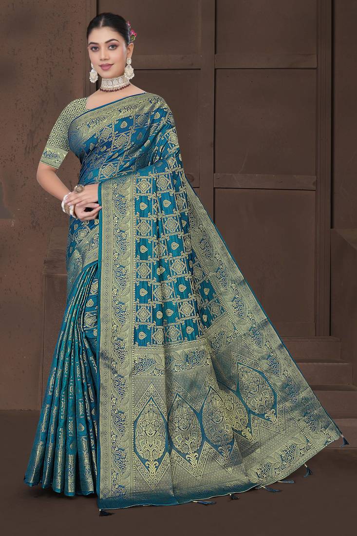 Teal Blue Dola Art Silk Saree with Bandhani Style Zari Woven Work & Rich Traditional Border | Unstitched Blouse Included