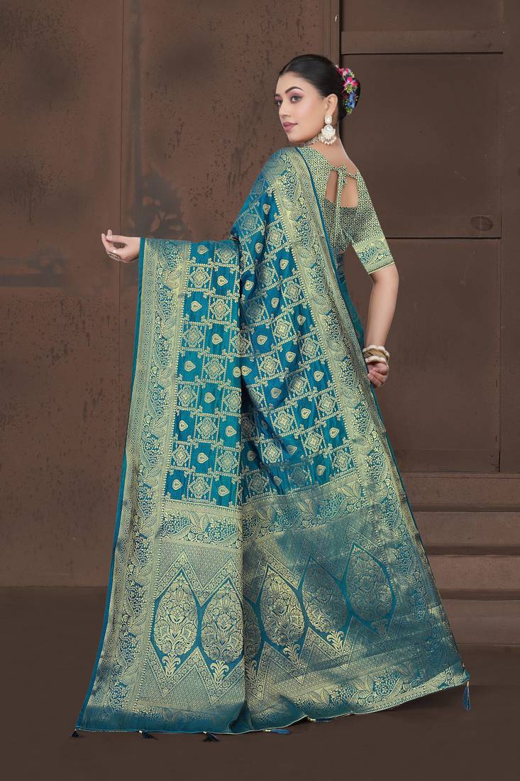 Teal Blue Dola Art Silk Saree with Bandhani Style Zari Woven Work & Rich Traditional Border | Unstitched Blouse Included