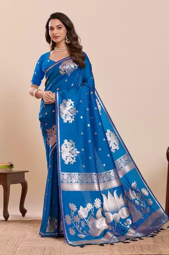 blue zari woven banarasi soft art silk wedding saree with blouse
