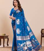 blue zari woven banarasi soft art silk wedding saree with blouse