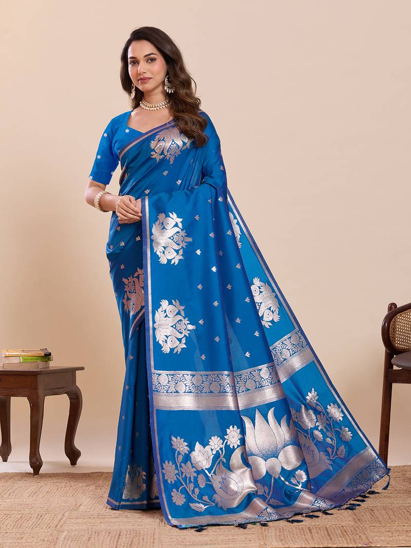 blue zari woven banarasi soft art silk wedding saree with blouse