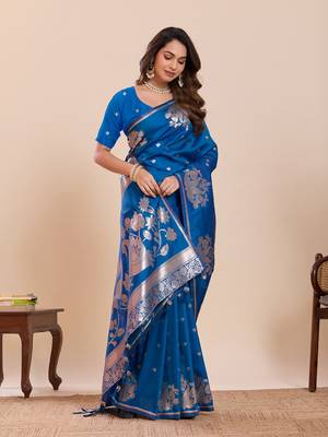 blue zari woven banarasi soft art silk wedding saree with blouse 3