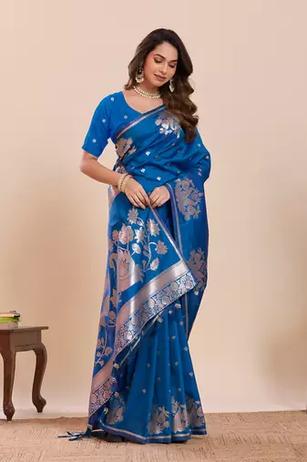 blue zari woven banarasi soft art silk wedding saree with blouse