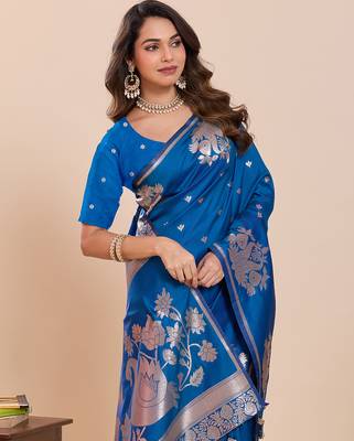 blue zari woven banarasi soft art silk wedding saree with blouse 4