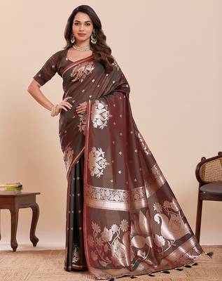 brown zari woven banarasi soft art silk wedding saree with blouse 1