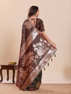brown zari woven banarasi soft art silk wedding saree with blouse 2