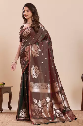 brown zari woven banarasi soft art silk wedding saree with blouse