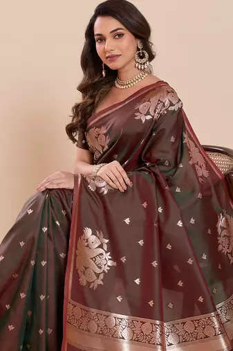 brown zari woven banarasi soft art silk wedding saree with blouse