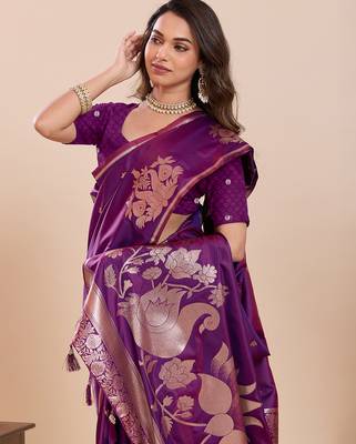 dark purple zari woven danarasi soft art silk wedding saree with dlouse 4