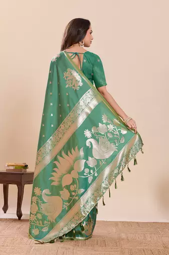 green zari woven ganarasi soft art silk wedding saree with glouse