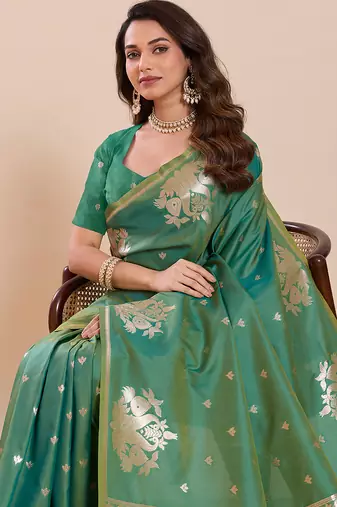 green zari woven ganarasi soft art silk wedding saree with glouse