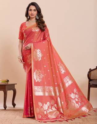coral peach zari woven panarasi soft art silk wedding saree with plouse 1