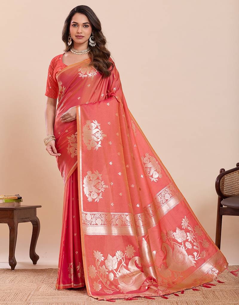 coral peach zari woven panarasi soft art silk wedding saree with plouse