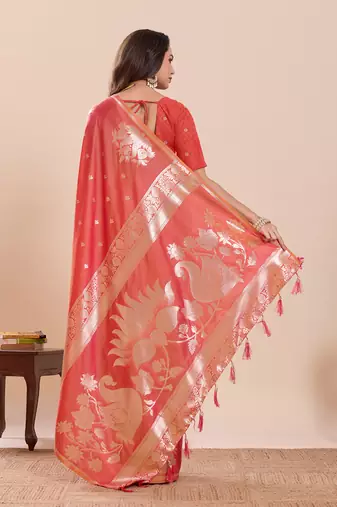 coral peach zari woven panarasi soft art silk wedding saree with plouse