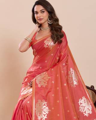 coral peach zari woven panarasi soft art silk wedding saree with plouse 4