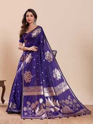 purple zari woven panarasi soft art silk wedding saree with plouse 3