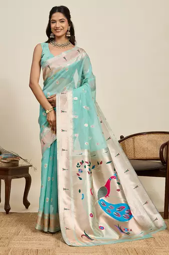 light aqua blue paithani meenakari zari woven art silk blend saree with blouse