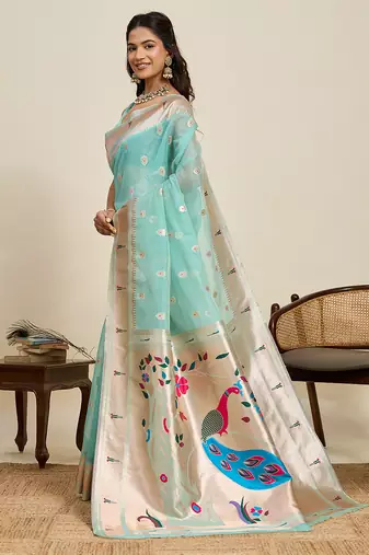 light aqua blue paithani meenakari zari woven art silk blend saree with blouse