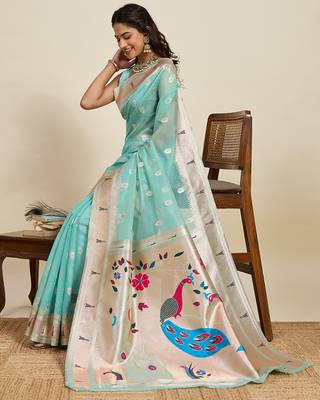 light aqua blue paithani meenakari zari woven art silk blend saree with blouse 4