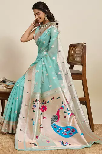 light aqua blue paithani meenakari zari woven art silk blend saree with blouse