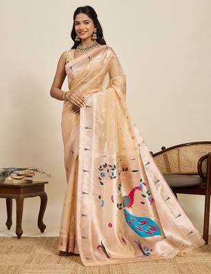 beige paithani meenakari zari woven art silk blend saree with blouse 1