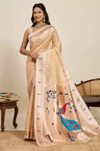 beige paithani meenakari zari woven art silk blend saree with blouse