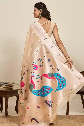 beige paithani meenakari zari woven art silk blend saree with blouse