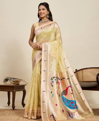 lemon yellow paithani meenakari zari woven art silk blend saree with blouse 1