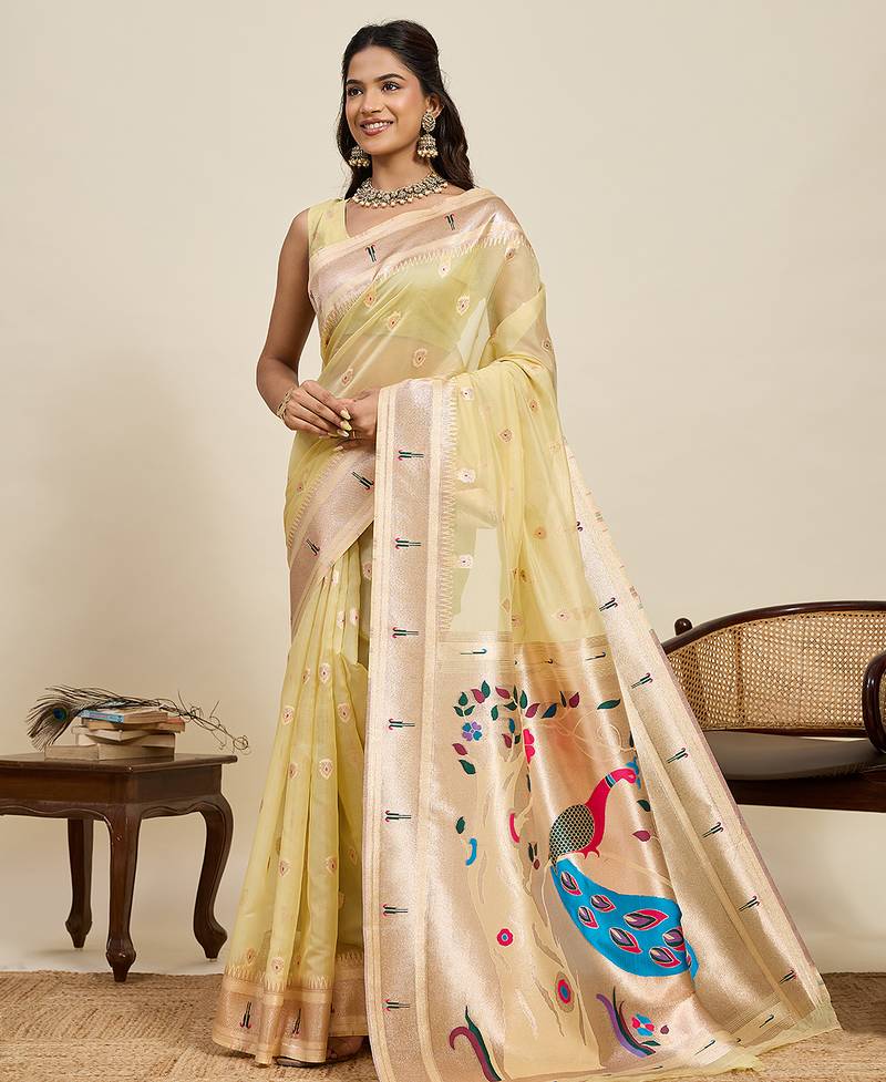 lemon yellow paithani meenakari zari woven art silk blend saree with blouse