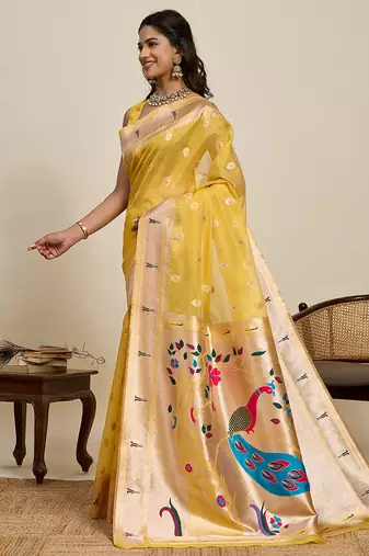 mustard yellow paithani meenakari zari woven art silk blend saree with blouse