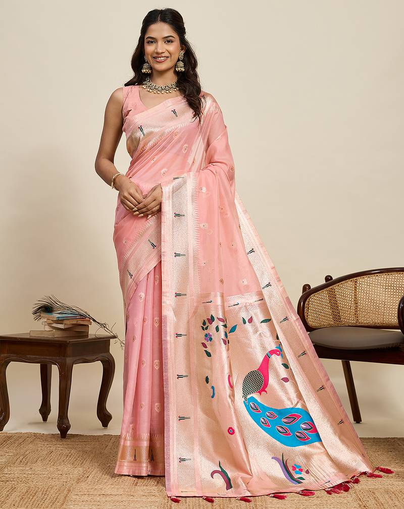 pastel pink paithani meenakari zari woven art silk blend saree with blouse