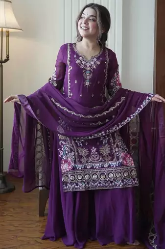 Purple Georgette Embroidered Kurta Palazzo set