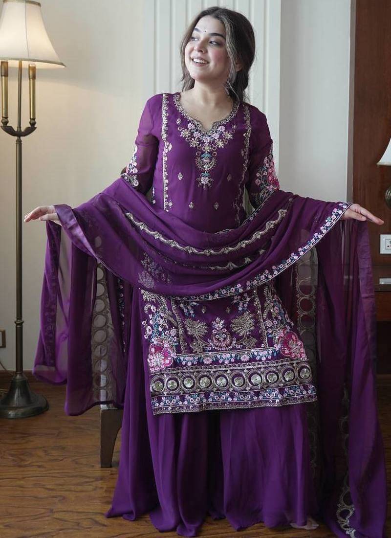 Purple Georgette Embroidered Kurta Palazzo set