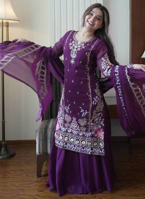 Purple Georgette Embroidered Kurta Palazzo set 2