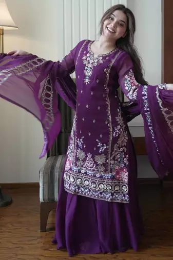 Purple Georgette Embroidered Kurta Palazzo set
