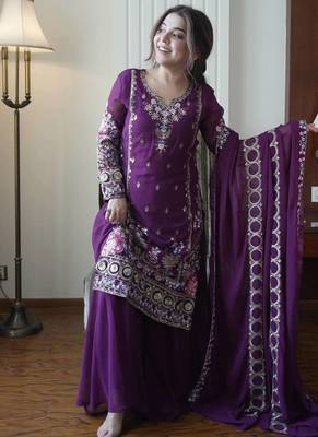 Purple Georgette Embroidered Kurta Palazzo set 3
