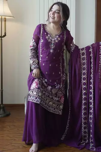 Purple Georgette Embroidered Kurta Palazzo set