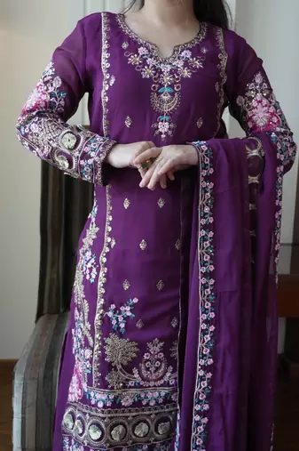 Purple Georgette Embroidered Kurta Palazzo set