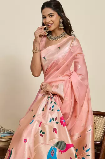 pastel pink paithani meenakari zari woven art silk blend saree with blouse