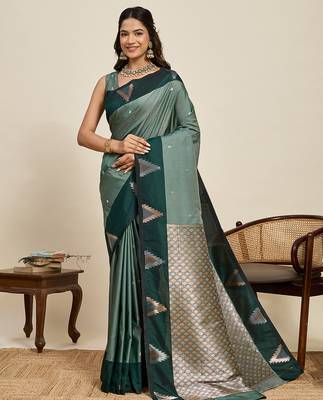 green banarasi zari woven soft art silk traditional saree with blouse 1