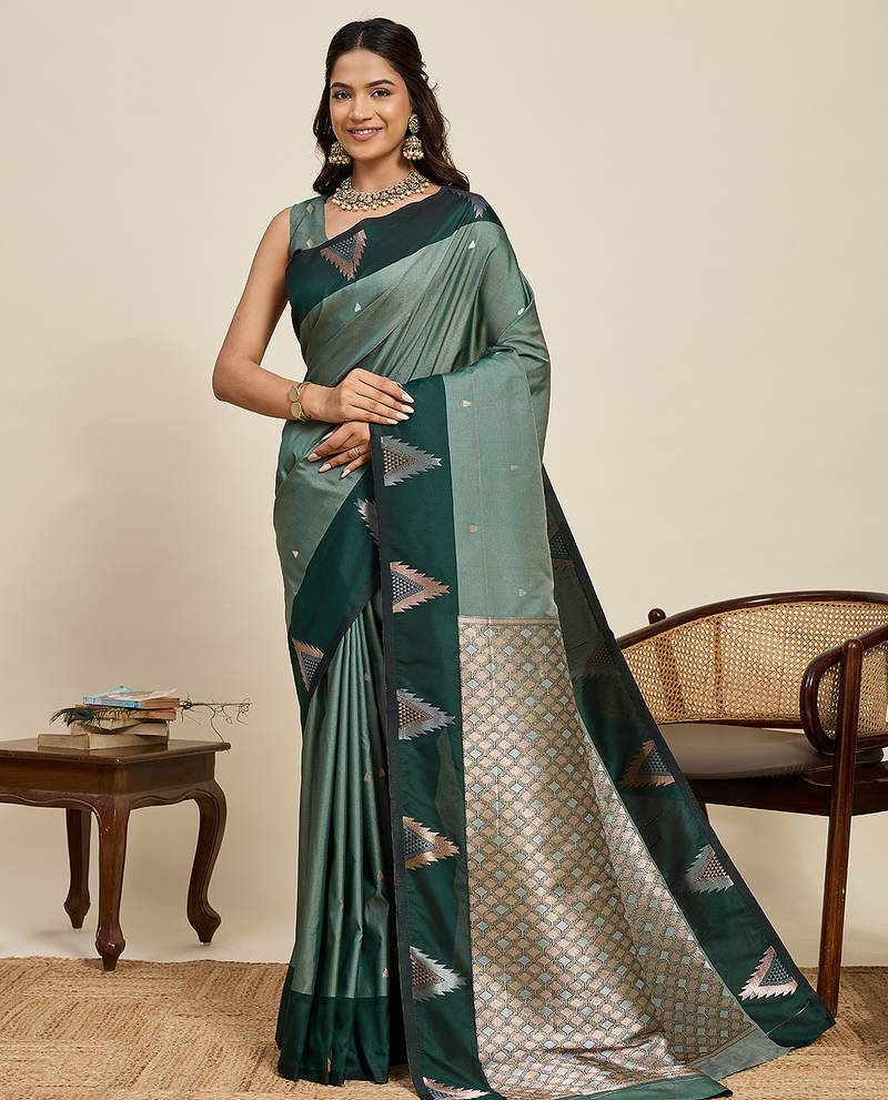 green banarasi zari woven soft art silk traditional saree with blouse