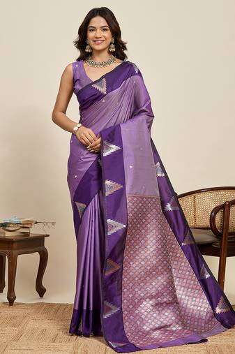 purple banarasi zari woven soft art silk traditional saree with blouse