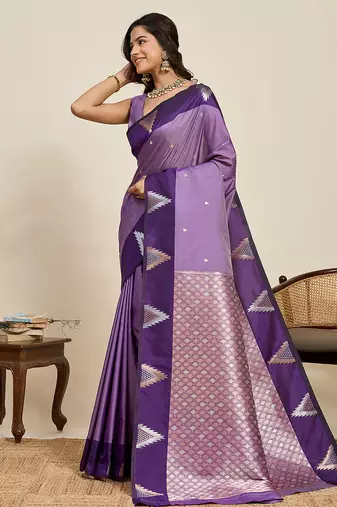 purple banarasi zari woven soft art silk traditional saree with blouse