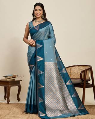 teal banarasi zari woven soft art silk traditional saree with blouse 1