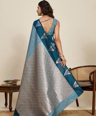 teal banarasi zari woven soft art silk traditional saree with blouse 2