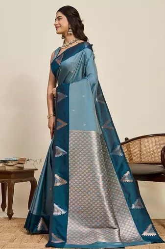 teal banarasi zari woven soft art silk traditional saree with blouse