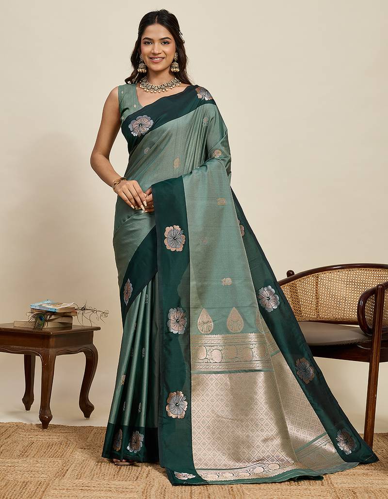 green floral zari banarasi art silk festival wear saree with blouse