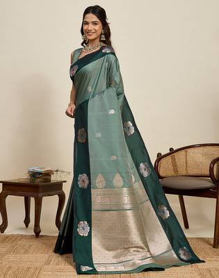 green floral zari banarasi art silk festival wear saree with blouse 3