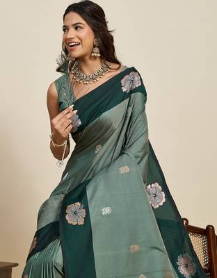 green floral zari banarasi art silk festival wear saree with blouse 4