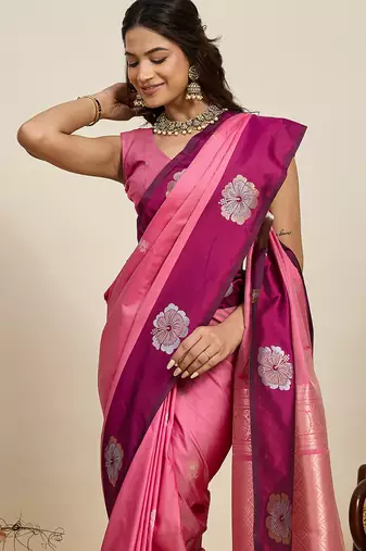 pink zari work banarasi art silk traditional festival saree with blouse